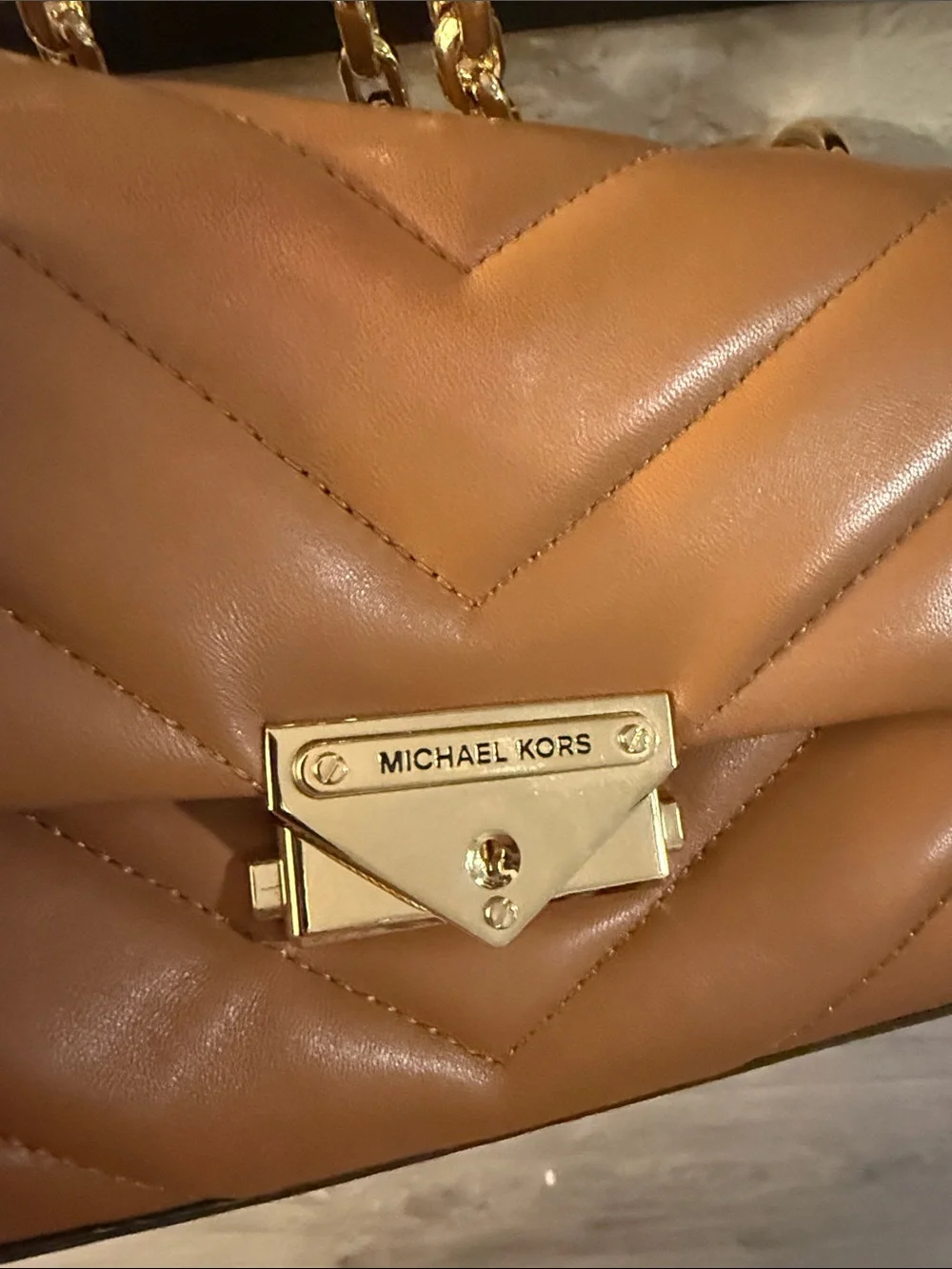 Michael Kors Quilted Tan Shoulder Bag with Gold Chain